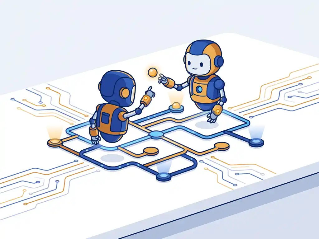 Kleine humanoïde robot navigeert een gloeiend netwerk van verbonden knooppunten op een wit bureau, omgeven door vertakkende circuitpaden in kobaltblauw en amber.