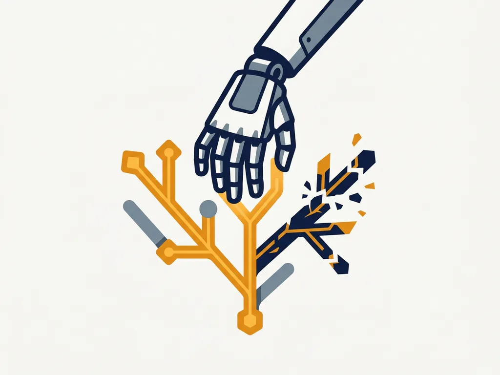 Robothand boven een gloeiende beslissingsboom waarvan één tak barst en fragmenteert, in marineblauw en ambergeel.
