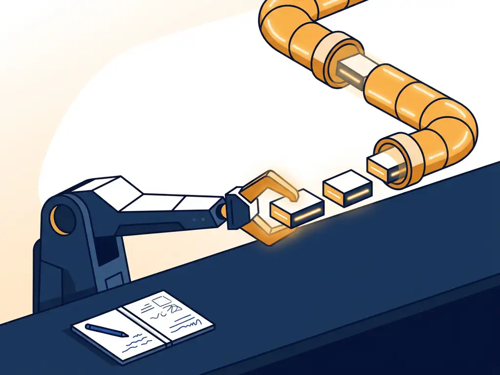 Robotarm die modulaire werkstroomblokken assembleert in een gloeiende geautomatiseerde pipeline, met openliggend notitieboek op modern bureau.