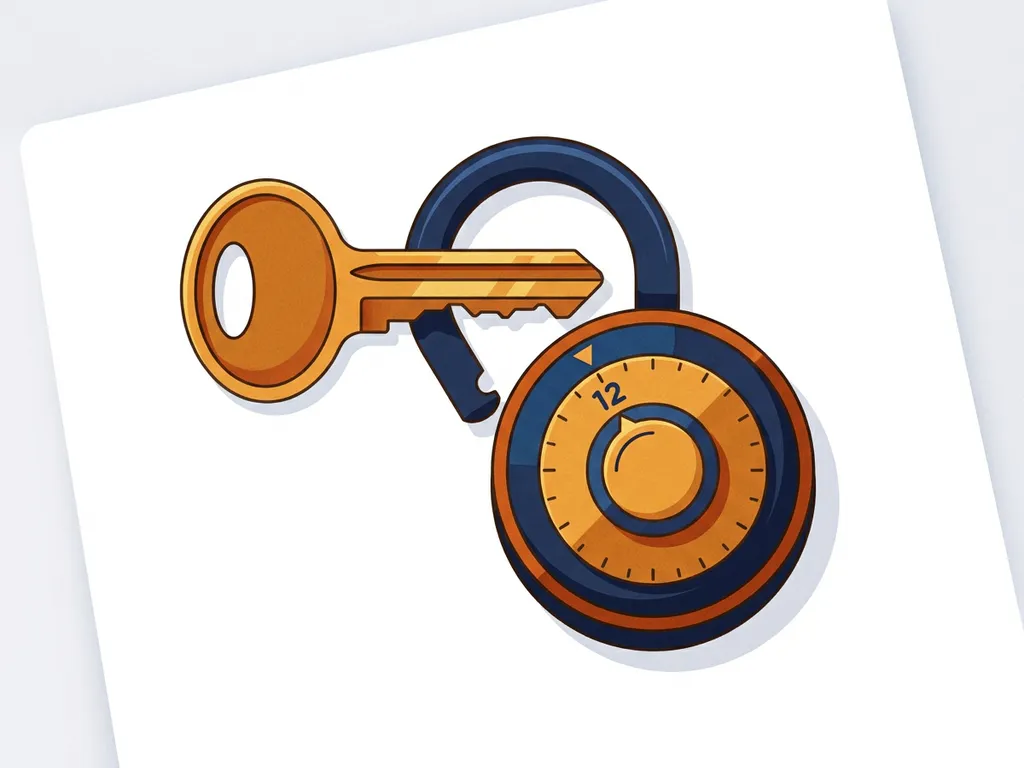 Messing sleutel in een geopend cijferslot op wit bureau, symboliseert gecontroleerde toegang in navy blauw en amber tinten.