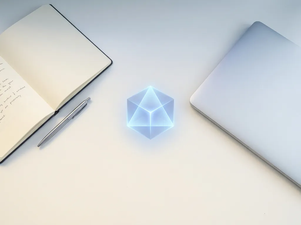 Open notitieboek en laptop op wit bureau met gloeiende geometrische vorm ertussen, symboliserend de balans tussen AI en handmatig studeren.