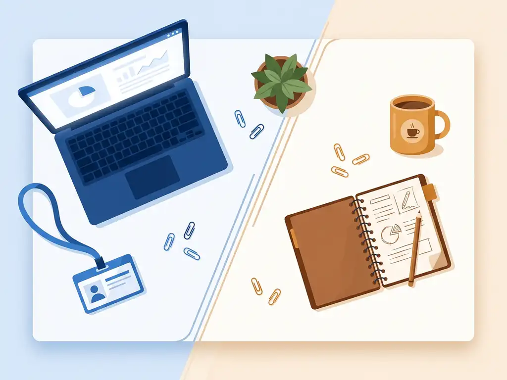 Gesplitst bureau met zakelijke laptop en persoonlijk notitieboek, symboliseert werk-privébalans in een strakke flat-vector illustratie.
