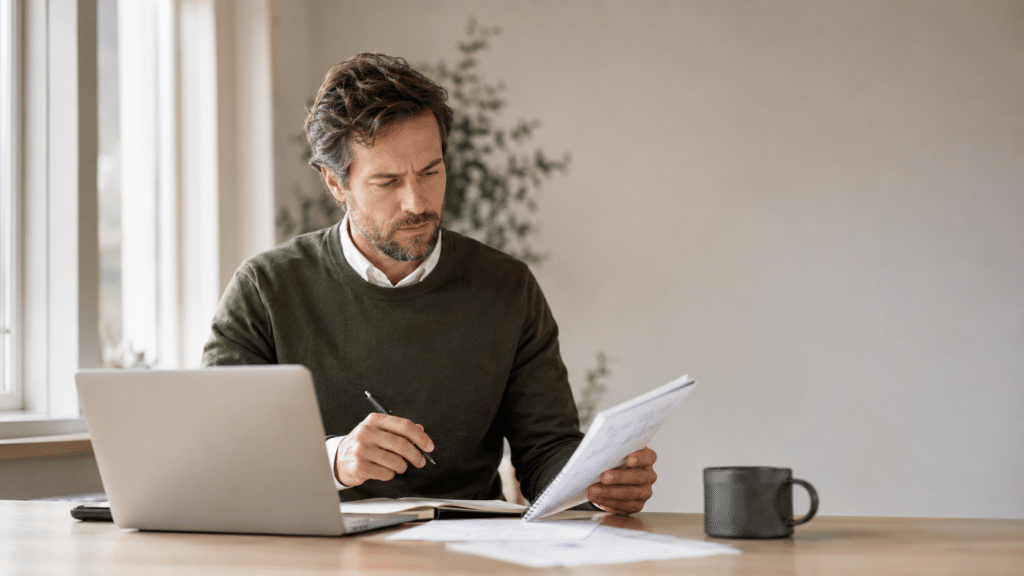Nederlandse professional controleert informatie met een laptop, pen en papieren document aan een rustig bureau met veel vrije ruimte voor tekst.