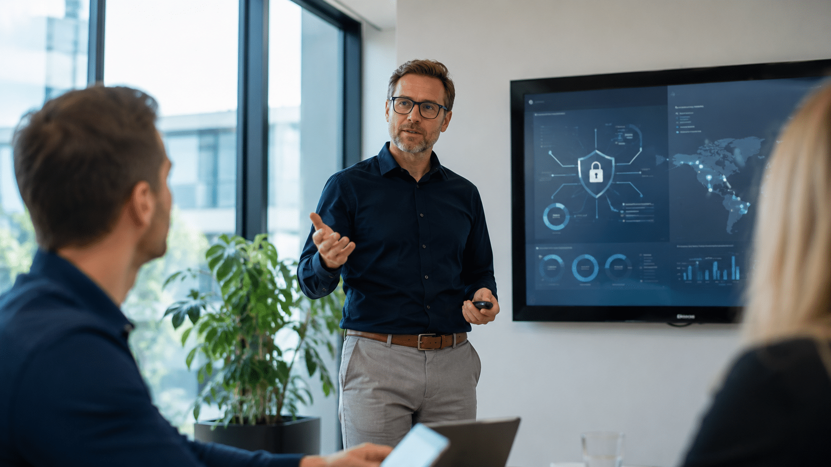 Cybersecurity leider presenteert beveiligingsinzichten aan collega’s in een moderne vergaderruimte met een digitaal dashboard op de achtergrond.