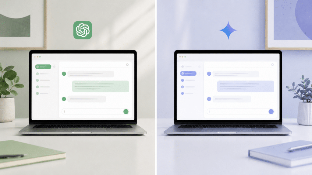 Splitscreen afbeelding met 2 laptops met het Chatgpt en Gemini logo.