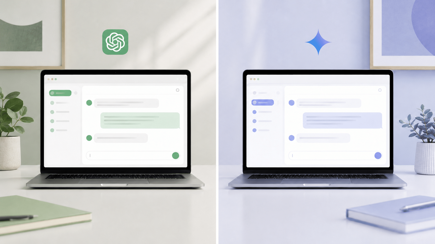 Splitscreen afbeelding met 2 laptops met het Chatgpt en Gemini logo.