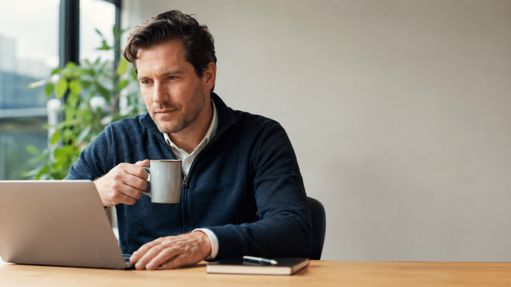 Nederlandse professional zit nadenkend aan een modern bureau met laptop en koffiemok in een rustige, lichte werkomgeving.