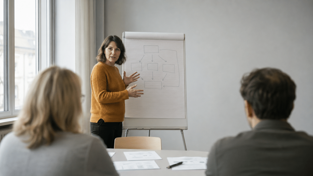 Trainer in een okerkleurige trui legt een eenvoudig schema op een flip-over uit aan twee deelnemers in een rustige trainingsruimte.