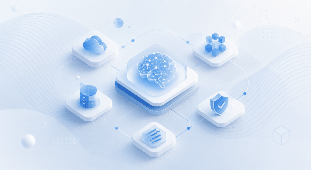 Abstracte blauwe AI-illustratie met een digitaal brein, cloud, data en beveiligingsiconen als symbool voor AI-901 voorbereiding.