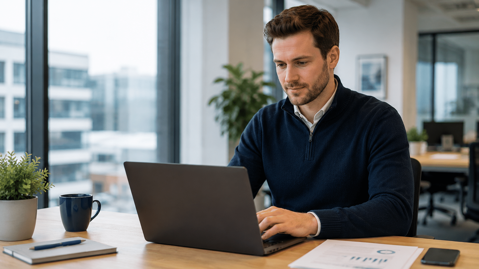 Professional gebruikt een laptop in een rustig kantoor om met een AI-assistent te werken.