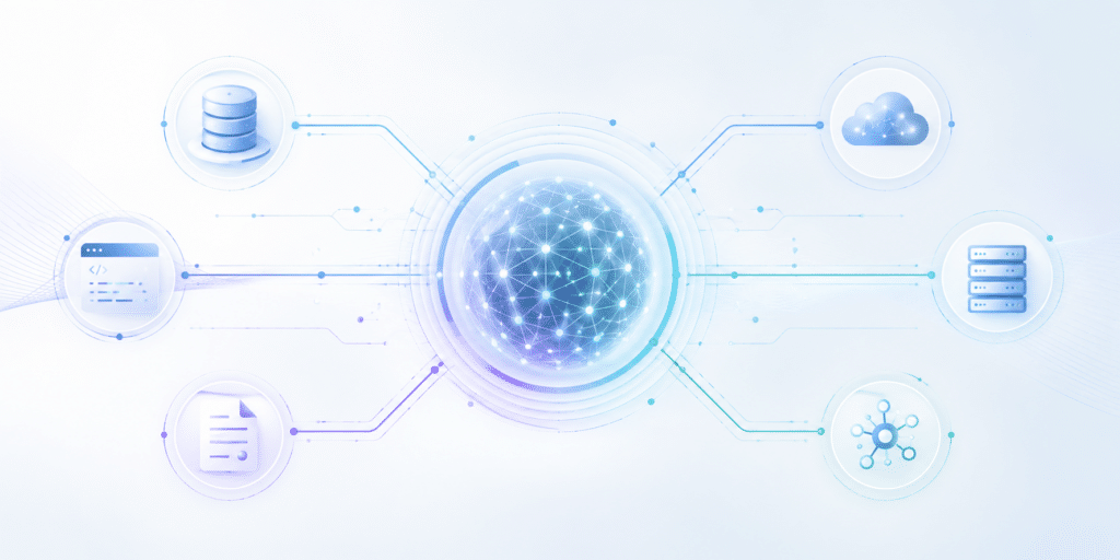 Abstracte AI-kern verbonden met digitale systemen, databronnen en tools.