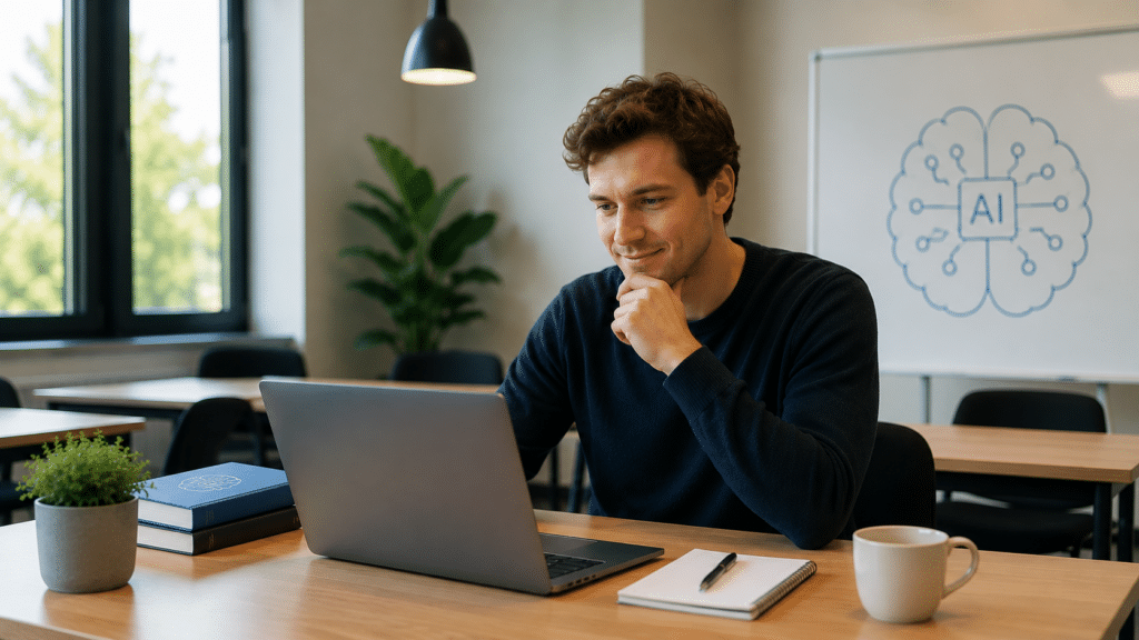 Nederlandse cursist volgt een AI-training in een rustig klaslokaal met laptop en AI-illustratie op het whiteboard.