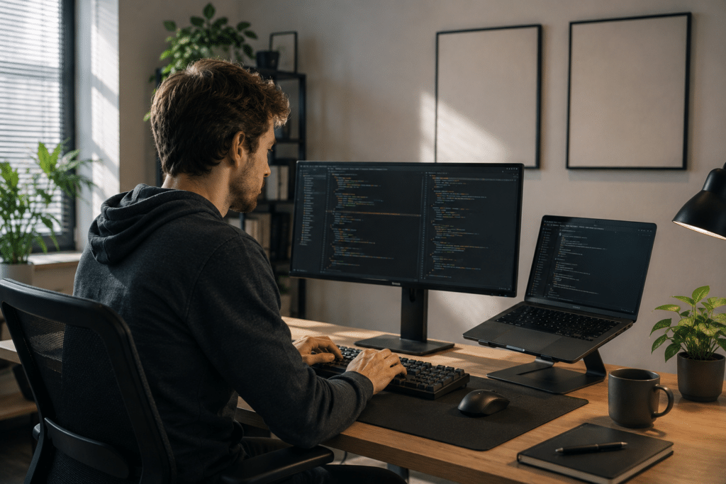 Developer werkt op een rustig kantoor met meerdere schermen en een toetsenbord aan een AI-ondersteund programmeerproject.