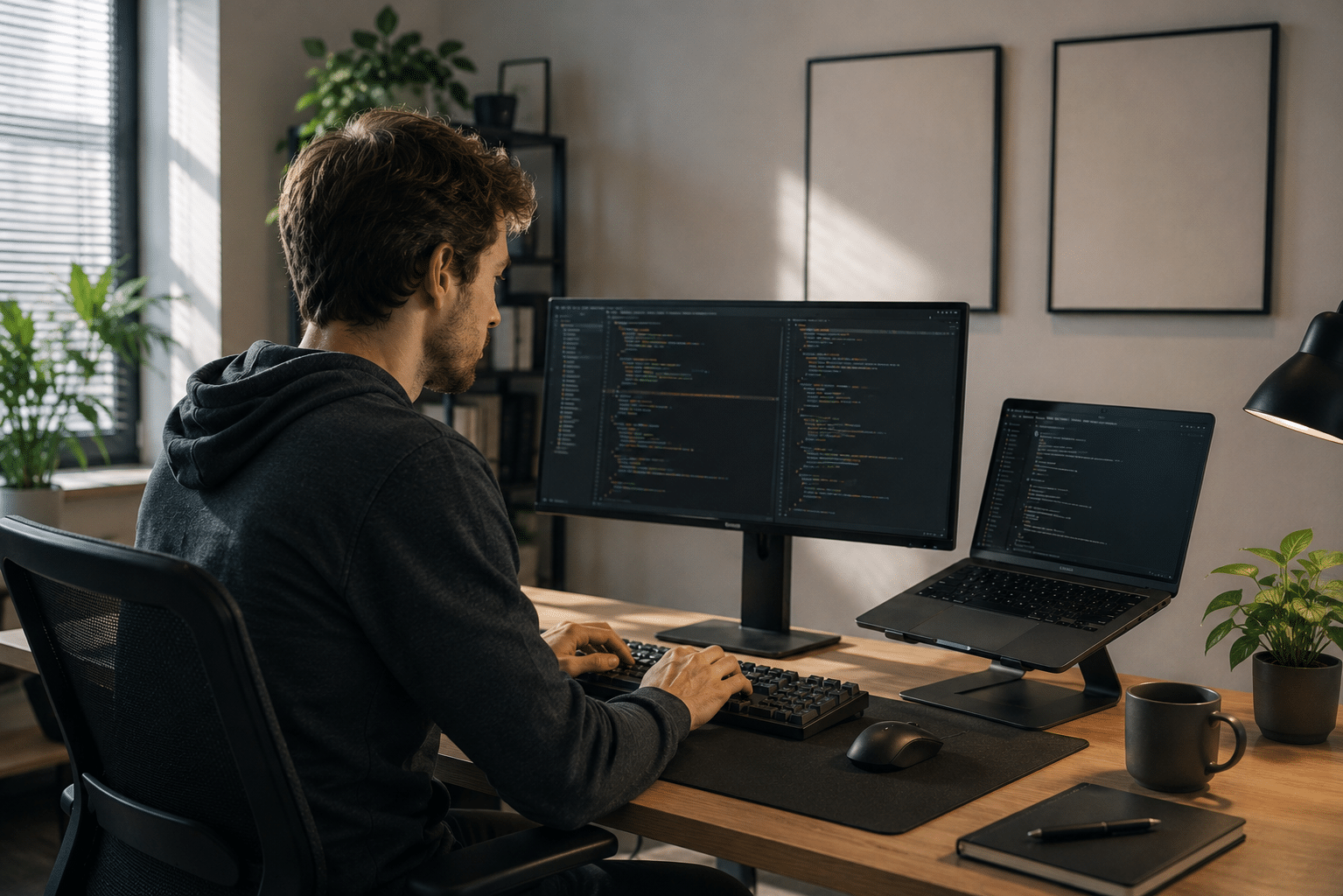 Developer werkt op een rustig kantoor met meerdere schermen en een toetsenbord aan een AI-ondersteund programmeerproject.