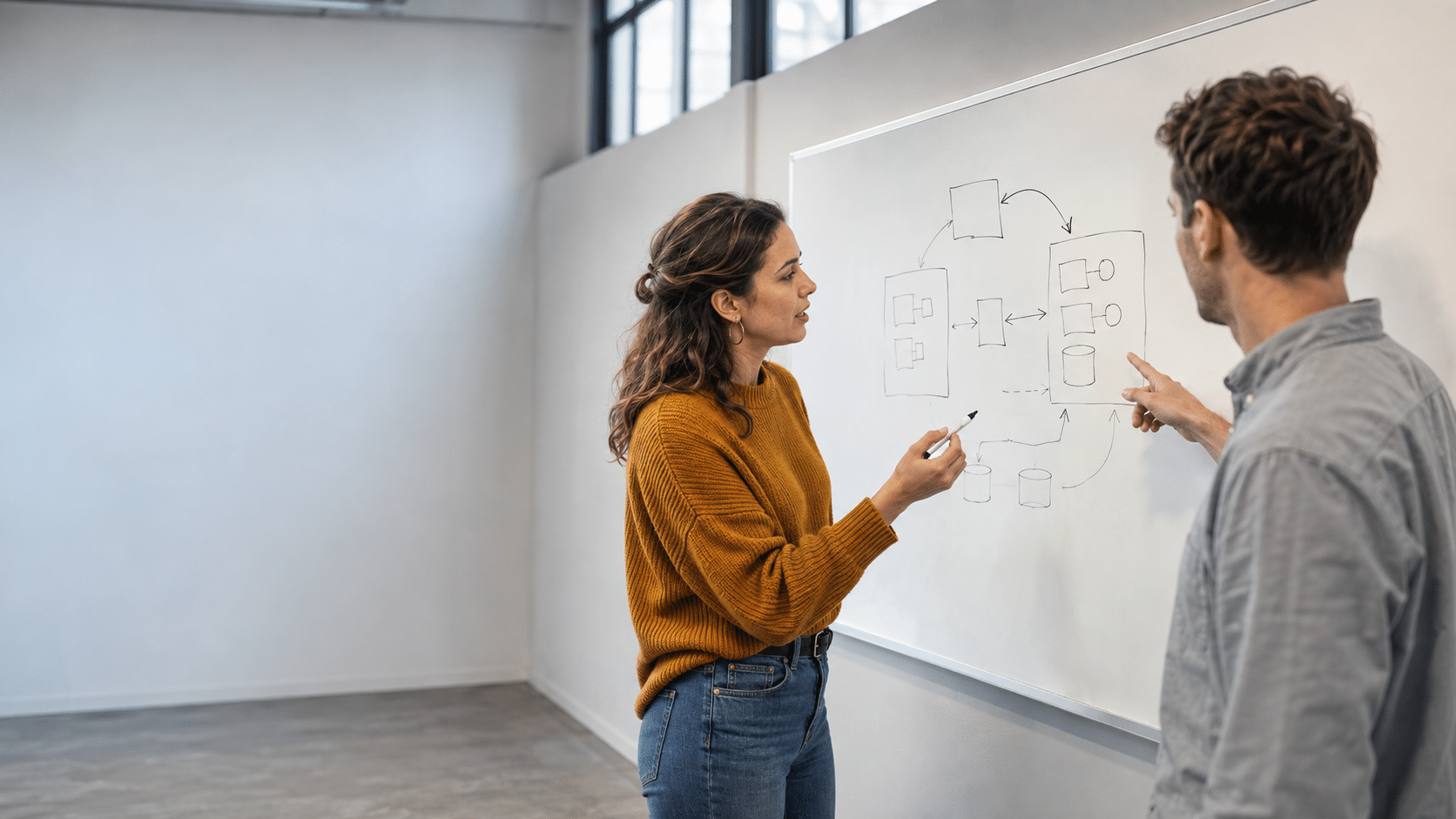 Twee collega's overleggen bij een whiteboard met een schets van een API-koppeling tussen een applicatie en een AI-model.