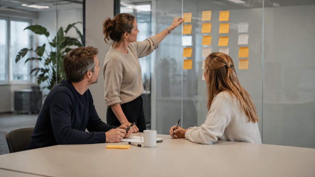 Drie collega's ordenen samen gekleurde memobriefjes op een glazen wand naast een overlegtafel.