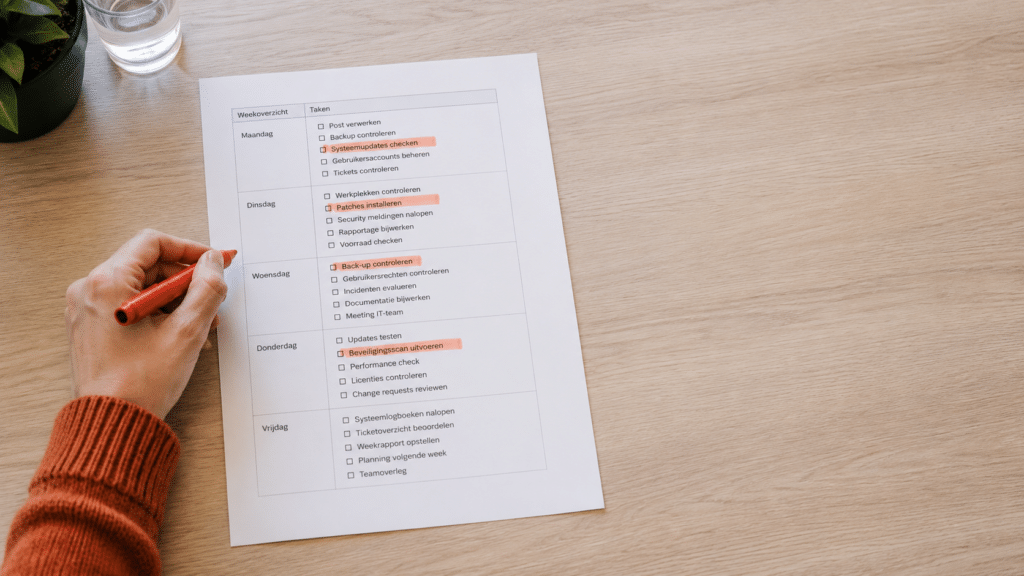 Takenlijst op een bureau waarop terugkerende werkzaamheden zijn gemarkeerd.