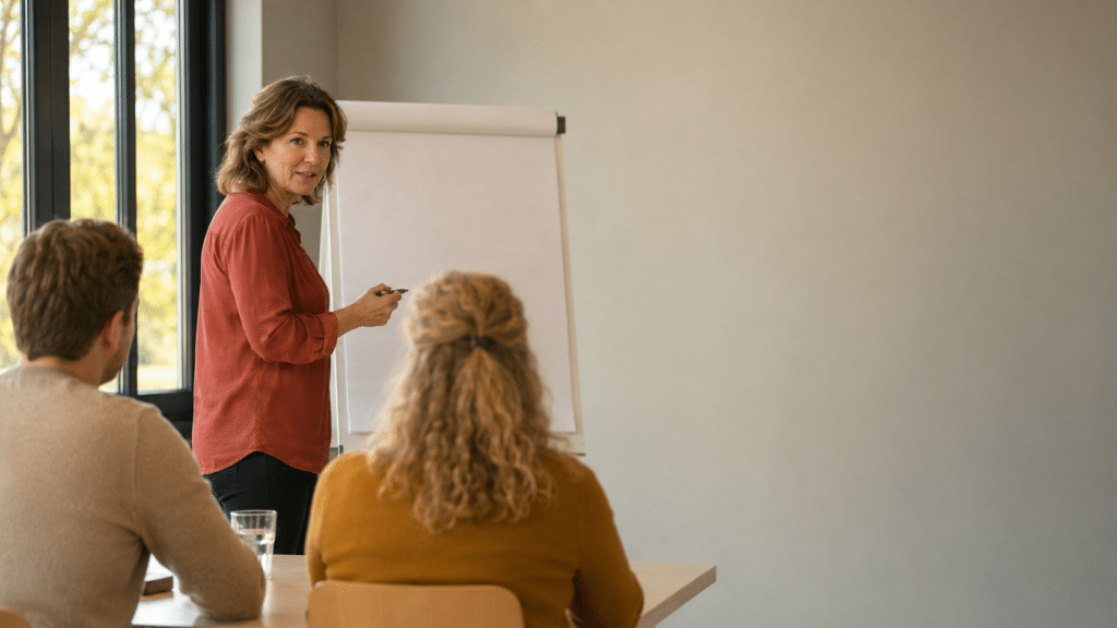 Trainer legt bij een flip-over iets uit aan twee cursisten tijdens een AI-training voor beginners.