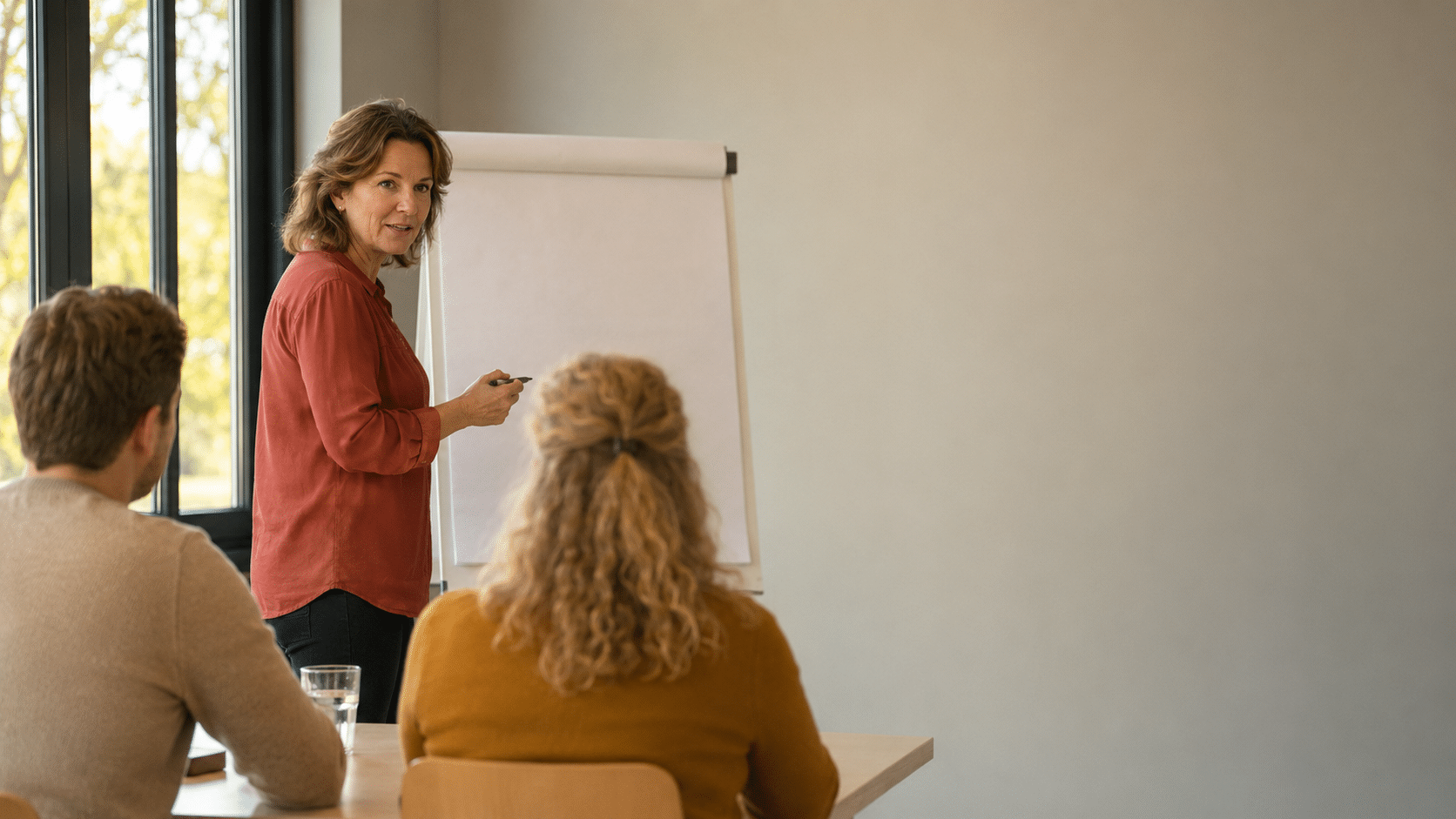 Trainer legt bij een flip-over iets uit aan twee cursisten tijdens een AI-training voor beginners.