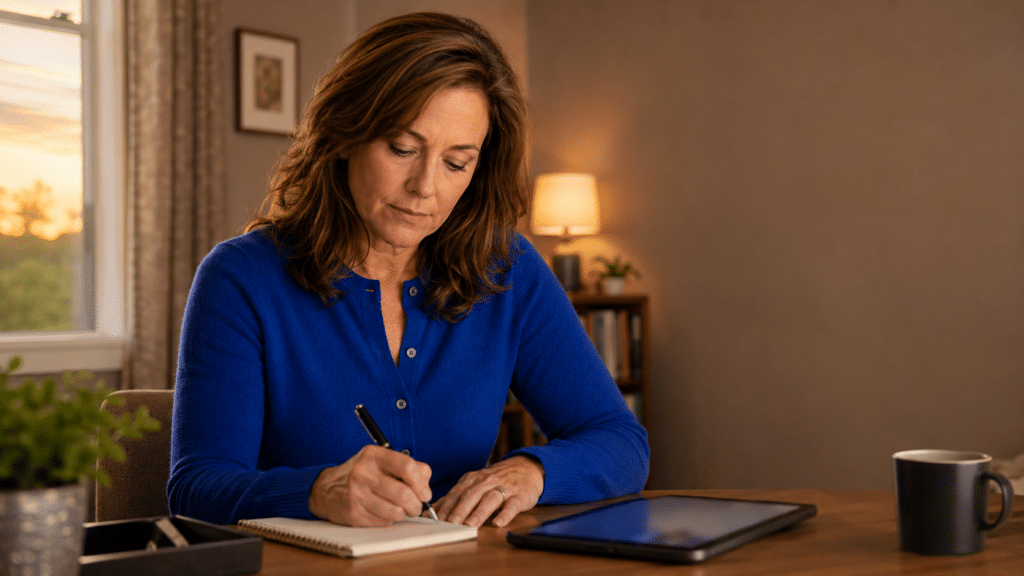 Vrouw maakt aan haar thuiswerkplek een aantekening naast een tablet in het avondlicht.