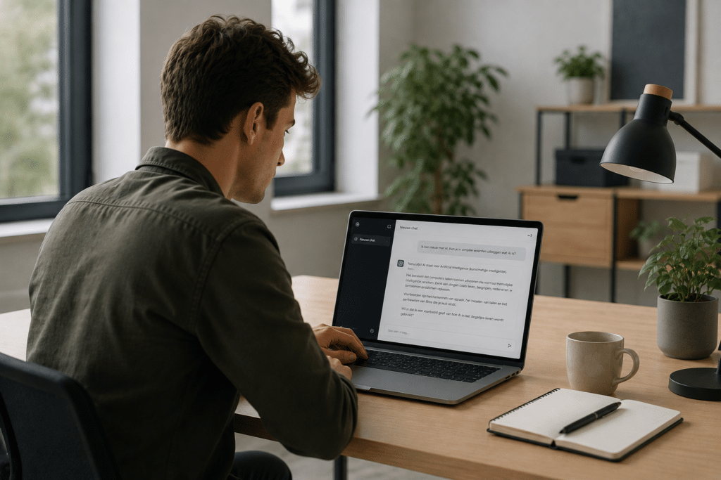 Beginnende AI-gebruiker chat op een laptop met een AI-assistent in een rustig en modern kantoor.