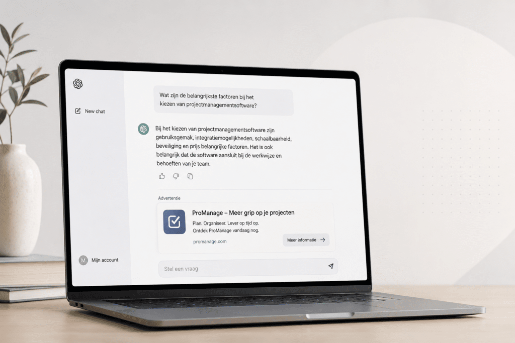 Laptop met ChatGPT waarin een advertentie onder een AI-antwoord wordt weergegeven.