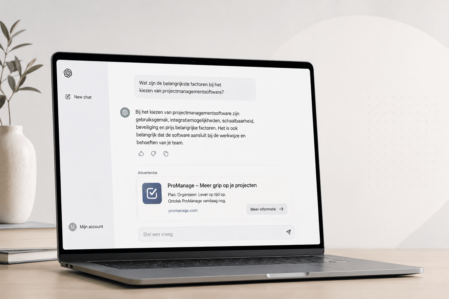Laptop met ChatGPT waarin een advertentie onder een AI-antwoord wordt weergegeven.