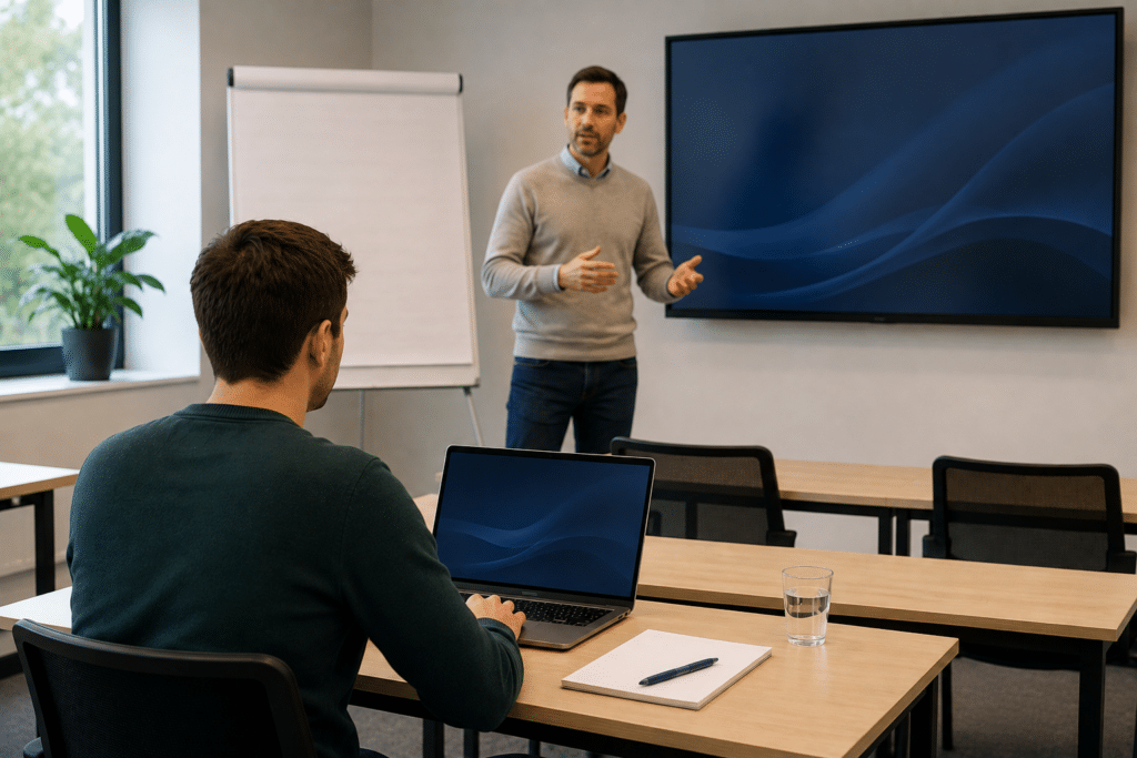 Docent geeft een AI-training in een rustig en modern klaslokaal terwijl een deelnemer met een laptop de les volgt.