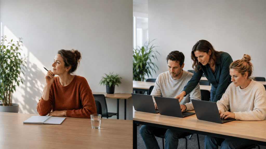 Twee manieren van leren naast elkaar: verkennend nadenken en gezamenlijk oefenen op laptops.