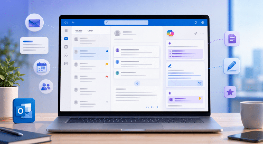 Laptop met Outlook-inbox en Copilot-assistent voor e-mails, agenda en inboxbeheer.