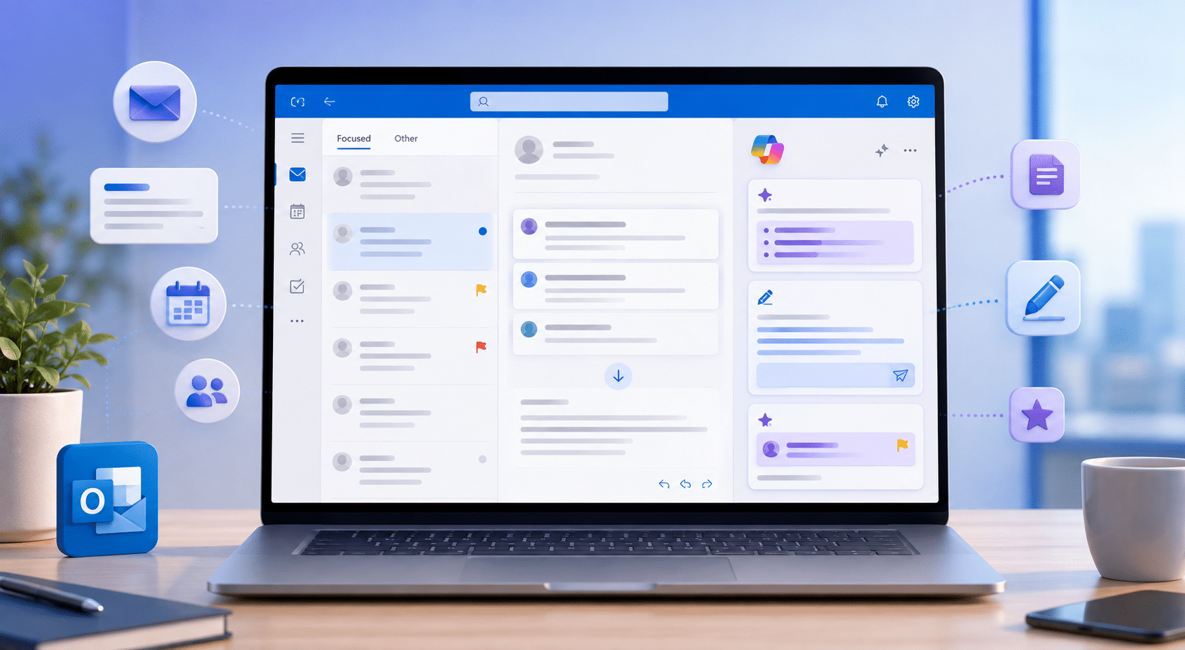 Laptop met Outlook-inbox en Copilot-assistent voor e-mails, agenda en inboxbeheer.