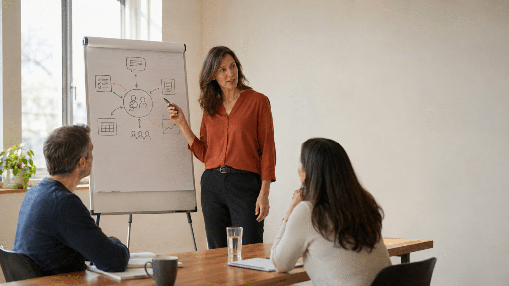Trainer legt bij een flip-over uit hoe je Microsoft Copilot inzet in je dagelijkse werk.