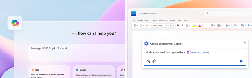 Splitscreen afbeelding van copilot chat en copilot 365 interface