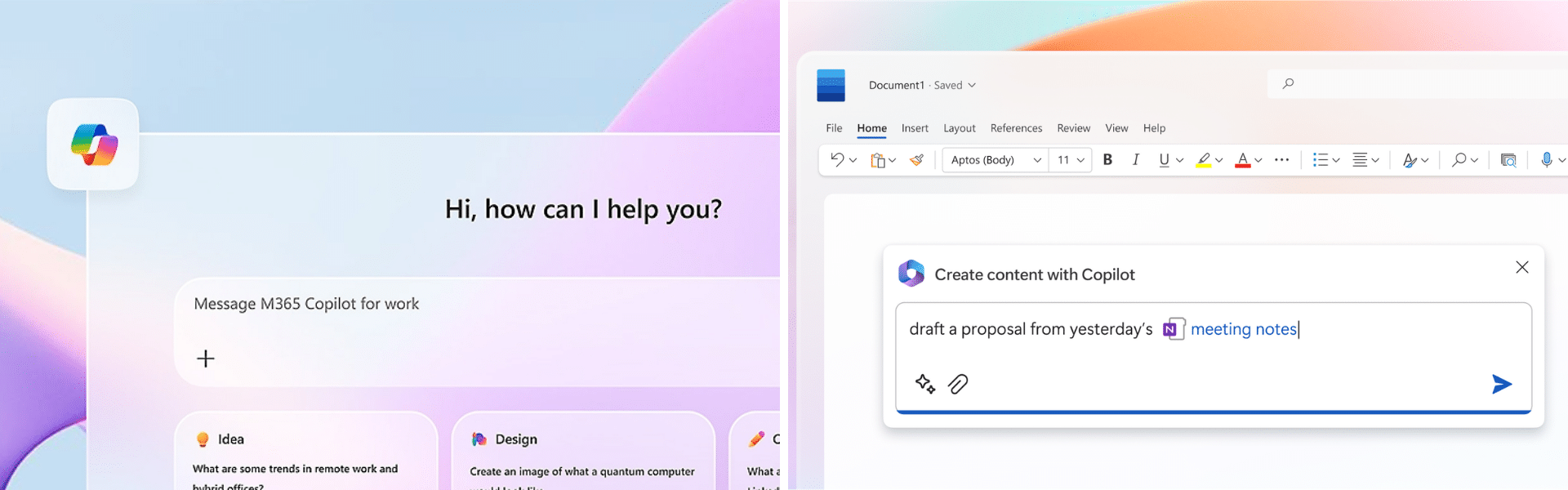 Splitscreen afbeelding van copilot chat en copilot 365 interface