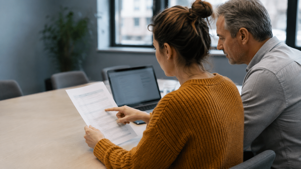 Twee collega's vergelijken aan een overlegtafel een uitgeprint document met wat er op het scherm staat.