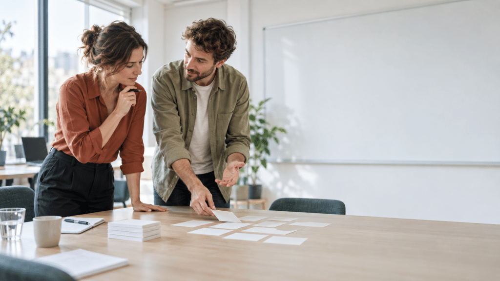 Twee IT-professionals vergelijken documenten bij een whiteboard tijdens overleg over het koppelen van externe data aan Microsoft 365 Copilot.