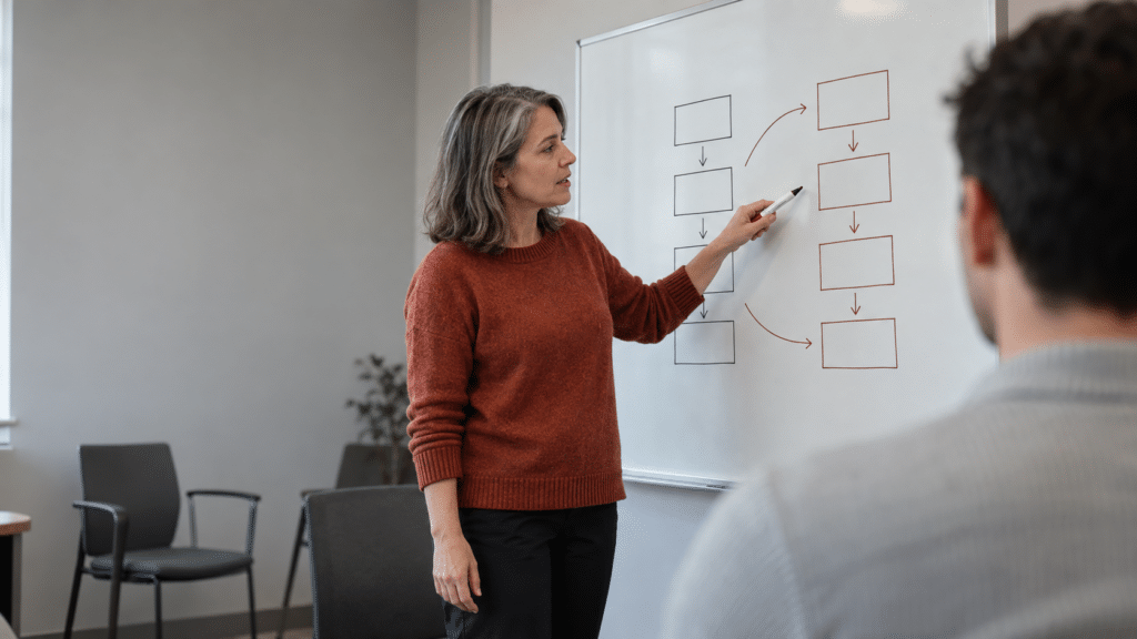 Een IT-professional legt een schema op een whiteboard uit aan een collega in een trainingsruimte.