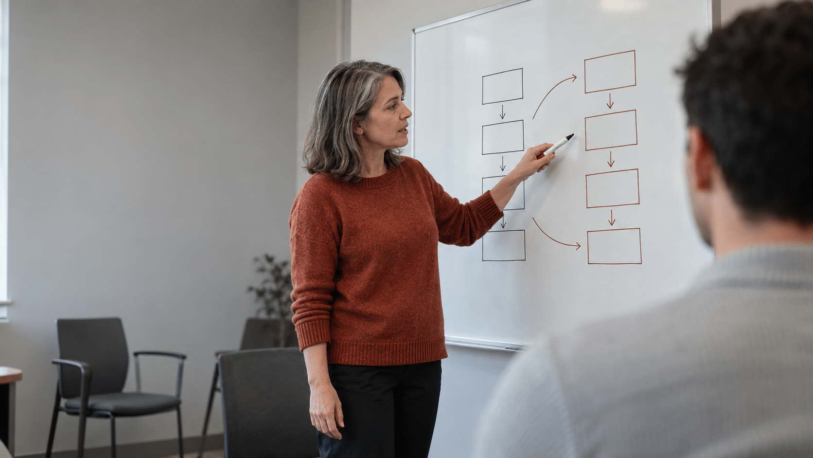 Een IT-professional legt een schema op een whiteboard uit aan een collega in een trainingsruimte.
