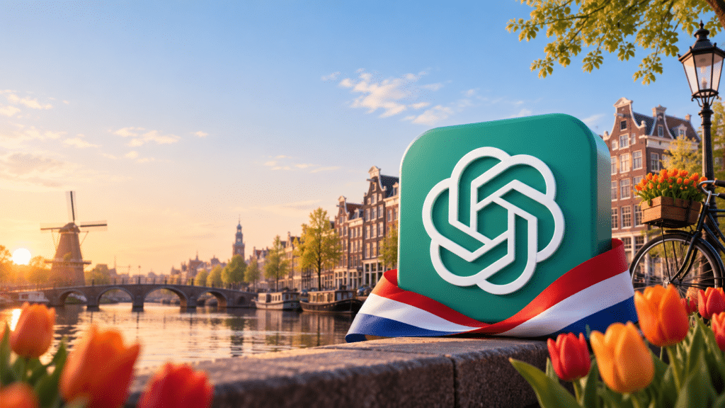 ChatGPT-logo met Nederlandse vlag aan een Amsterdamse gracht met grachtenpanden en molen op de achtergrond.