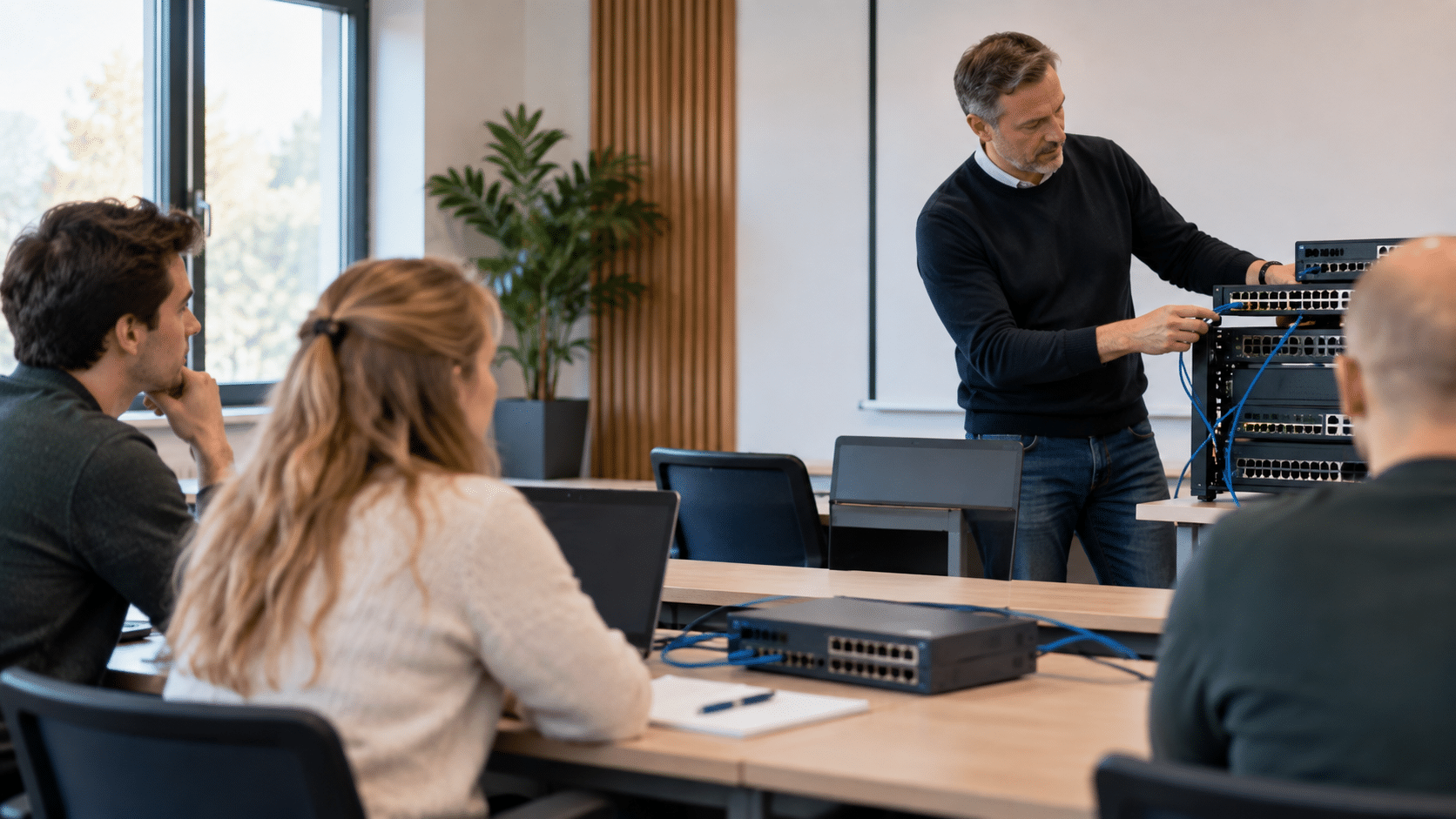 CISCO trainer geeft les in een rustig lokaal