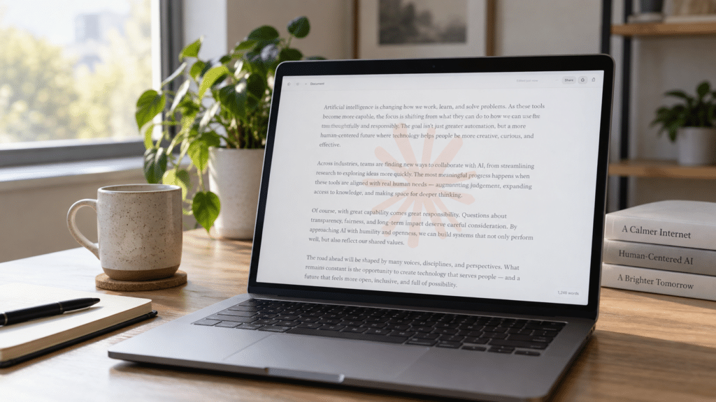 Alt-tekst: Laptop met tekst waarin subtiel het Claude-logo als verborgen watermerk zichtbaar is.