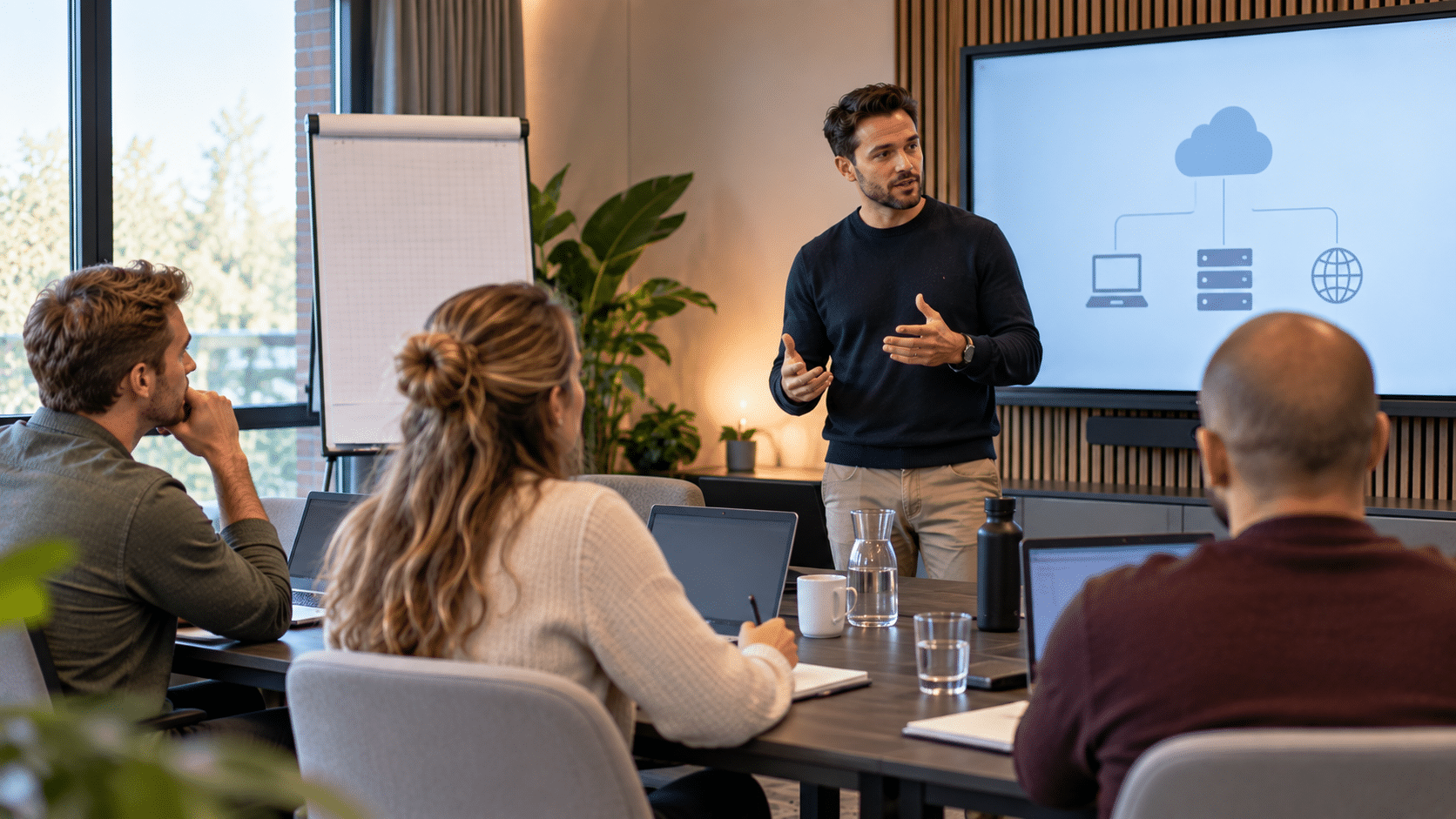 Trainer geeft een CompTIA-training aan drie deelnemers in een moderne trainingsruimte met laptops en een eenvoudig netwerkschema op het scherm.