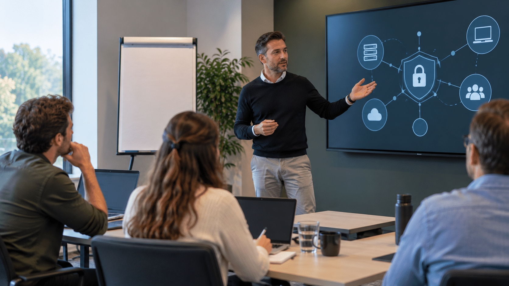 Trainer geeft een cybersecuritytraining aan drie cursisten in een professioneel lokaal met een beveiligingsschema op het scherm.