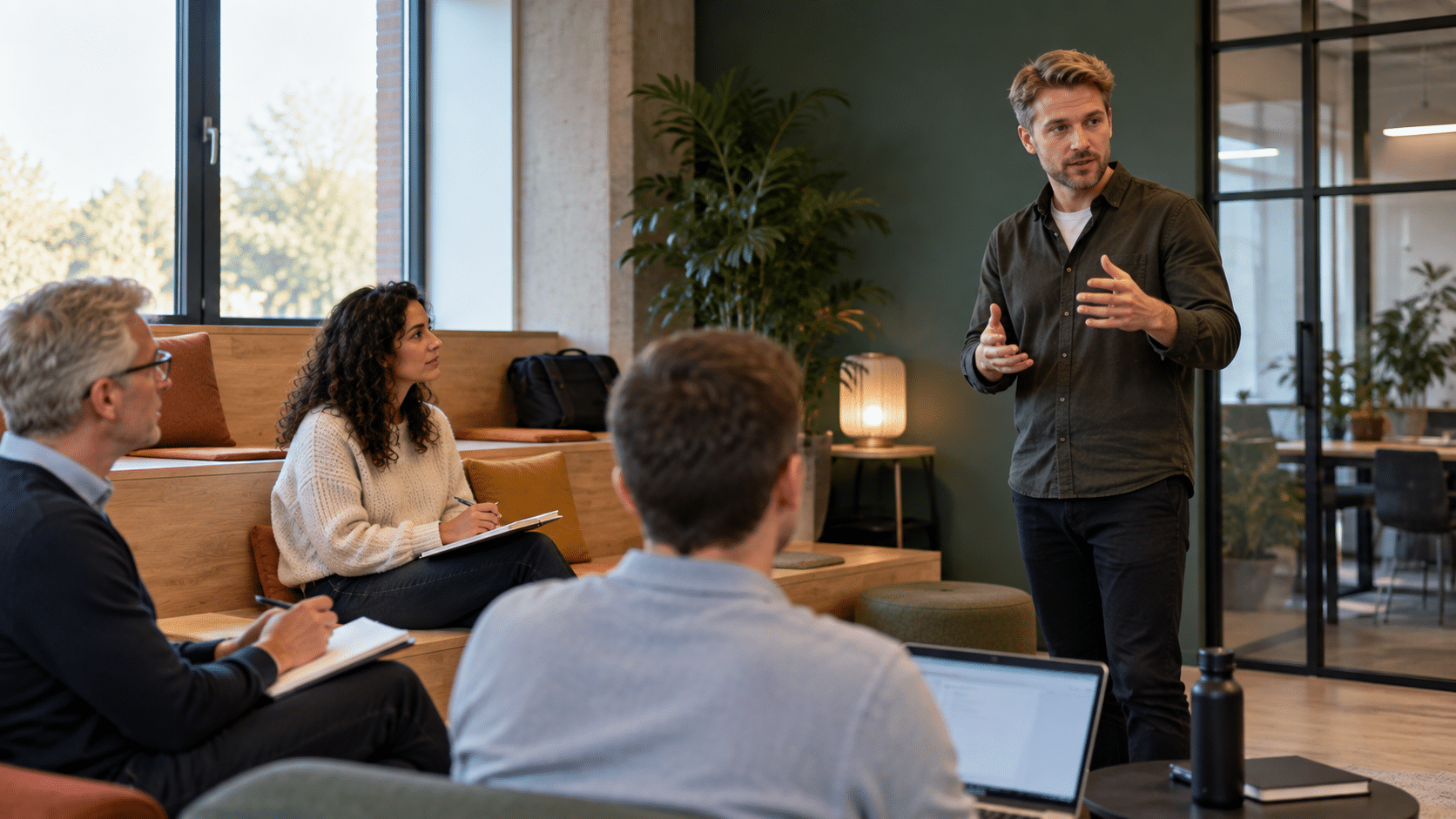 Trainer geeft een ISTQB-training aan drie deelnemers in een moderne, informele trainingsruimte met houten zitbanken.