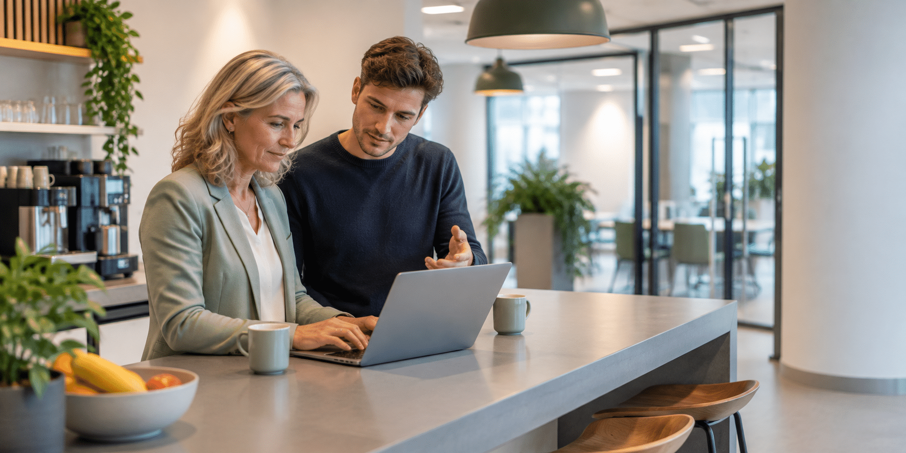 Twee collega's kijken samen naar een laptop aan de hoge balie in de koffiehoek van een kantoor.