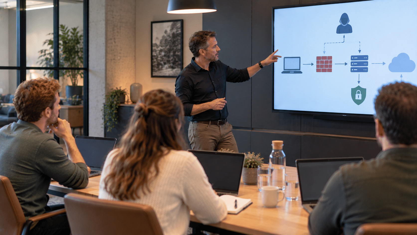 Trainer geeft een Mile2-cybersecuritytraining aan drie cursisten en bespreekt een beveiligingsschema op een groot scherm.