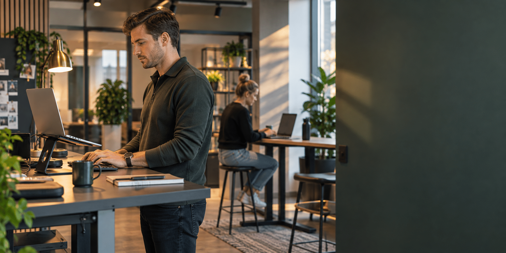 Engineer werkt staand aan een zit-statafel terwijl een collega verderop op een kruk aan haar eigen laptop werkt.