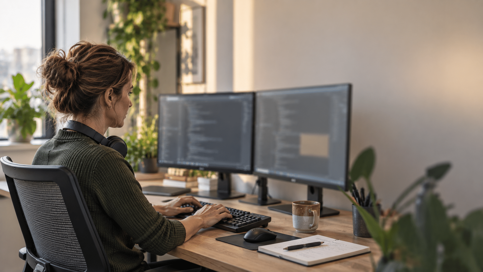 Softwareontwikkelaar werkt geconcentreerd achter haar toetsenbord met twee schermen voor zich.