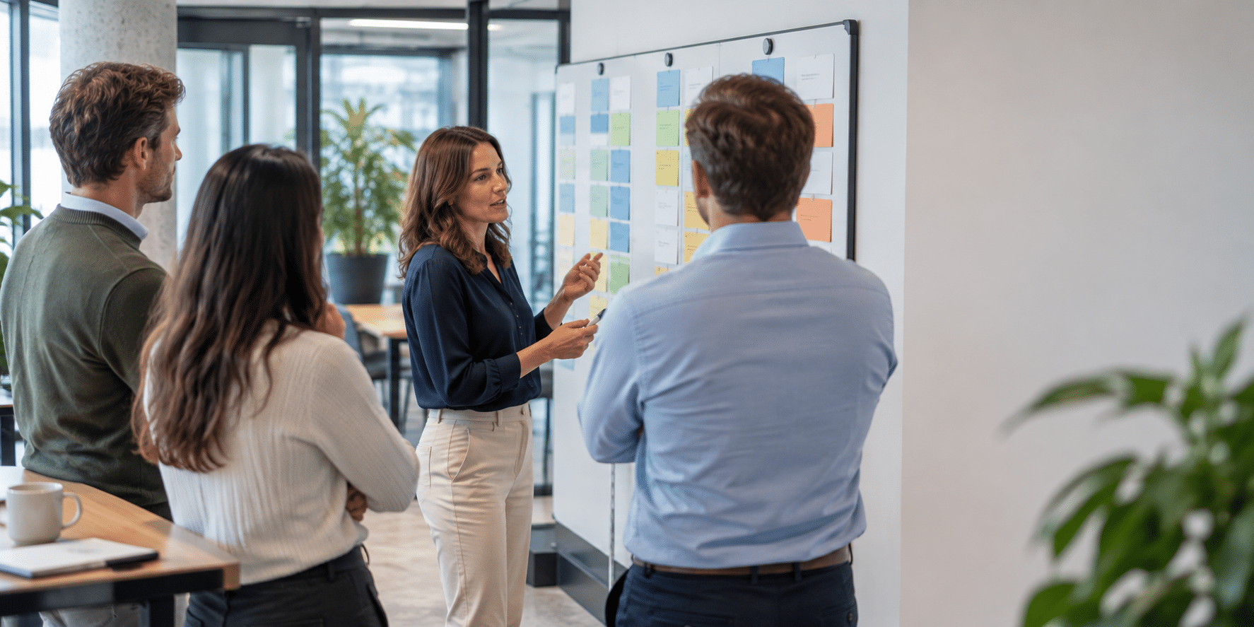 Procesbegeleider bespreekt een bord met kaartjes tijdens een staand overleg met drie collega's.