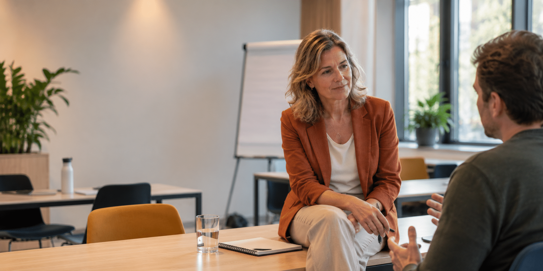 Trainer luistert aandachtig naar een cursist tijdens een softskillstraining in een lichte trainingsruimte.